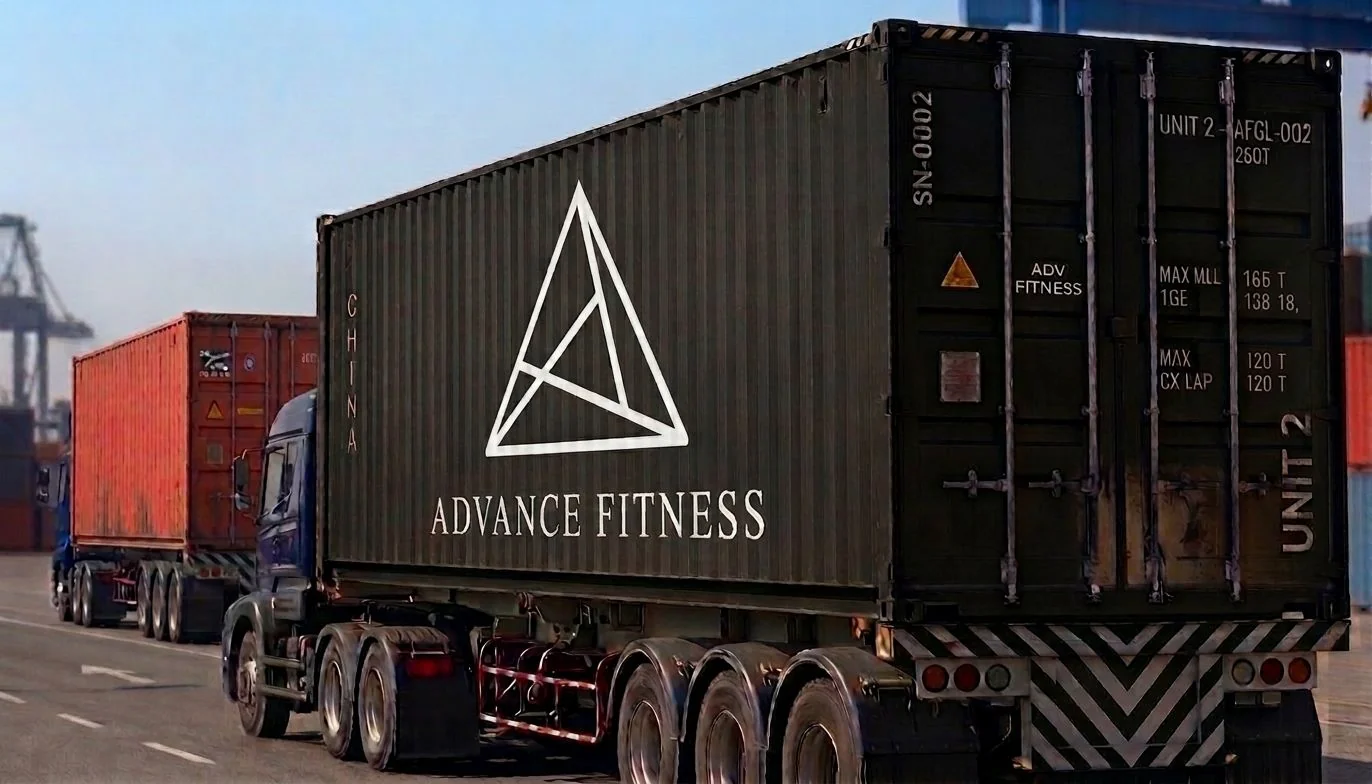 Contenedor Advance Fitness cargado sobre un camión en el puerto